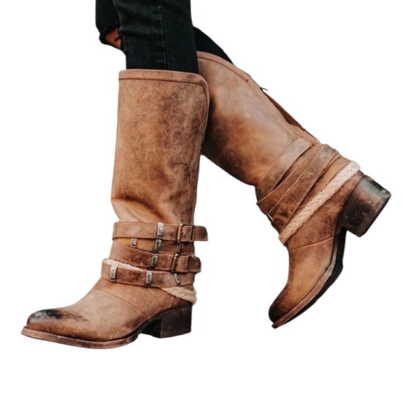 freebird Shoes - Freebird Drove Tan Distressed Leather Strappy Cowboy Boots Size 6